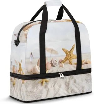 Summer Beach Starfish Shell Foldable Travel Duffel Bag Tote Carry on Luggage Sport Duffle for Women Men Gym Bag Overnight Weekender Bags with Shoe Compartments and Shoulder Strap