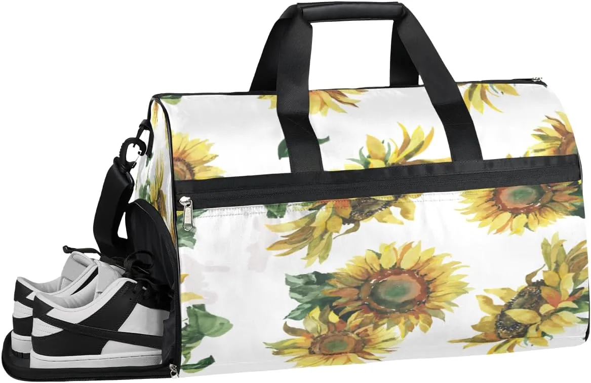 Sunflowers Watercolor Pattern Resistant Sports Gym Bag for Women Men Travel Duffel bag with Wet Pocket & Shoes Compartment Waterproof Weekender Bag 19.7"x9.9"x13"