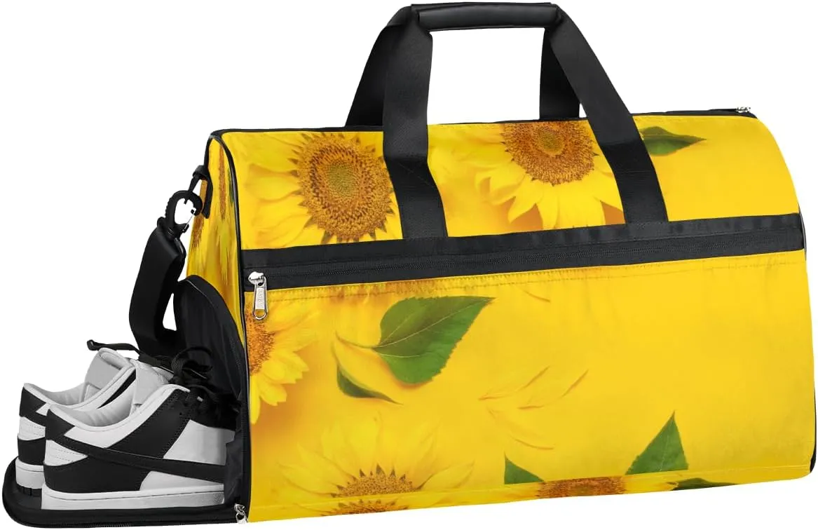Sunflowers Yellow Background Resistant Sports Gym Bag for Women Men Travel Duffel bag with Wet Pocket & Shoes Compartment Waterproof Weekender Bag 19.7"x9.9"x13"