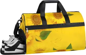 Sunflowers Yellow Background Resistant Sports Gym Bag for Women Men Travel Duffel bag with Wet Pocket & Shoes Compartment Waterproof Weekender Bag 19.7"x9.9"x13"
