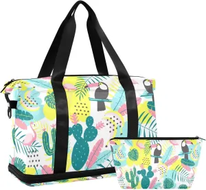 susiyo Travel Duffel Bags for Women, Exotic Leaves Tropical Birds Sports Duffel Bags Gym Bags with Shoes Compartment, Tote Bag Weekender Bag for Travelling