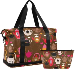 susiyo Travel Duffel Bags for Women, Retro Tea Pot Sports Duffel Bags Gym Bags with Shoes Compartment, Tote Bag Weekender Bag for Travelling