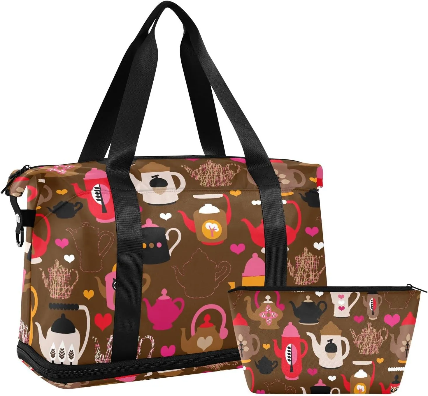 susiyo Travel Duffel Bags for Women, Retro Tea Pot Sports Duffel Bags Gym Bags with Shoes Compartment, Tote Bag Weekender Bag for Travelling