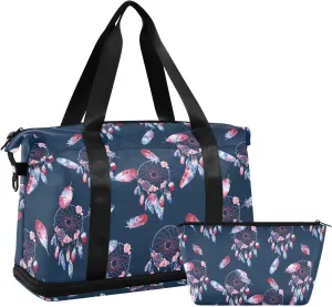 susiyo Travel Duffel Bags for Women, Watercolor Floral Dream Catcher Sports Duffel Bags Gym Bags with Shoes Compartment, Tote Bag Weekender Bag for Travelling