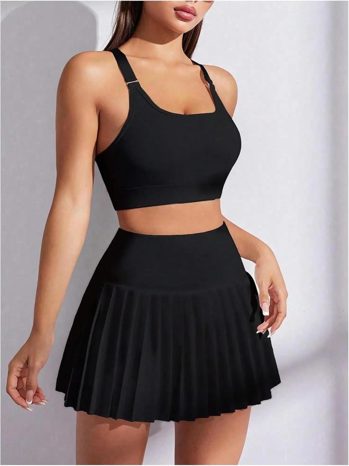 SweatyRocks Women's 2 Piece Workout Skirts Sets Crop Tank Top with Pleated Mini Skirts Tennis Tracksuits