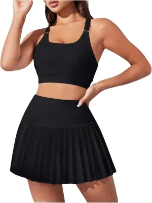 SweatyRocks Women's 2 Piece Workout Skirts Sets Crop Tank Top with Pleated Mini Skirts Tennis Tracksuits