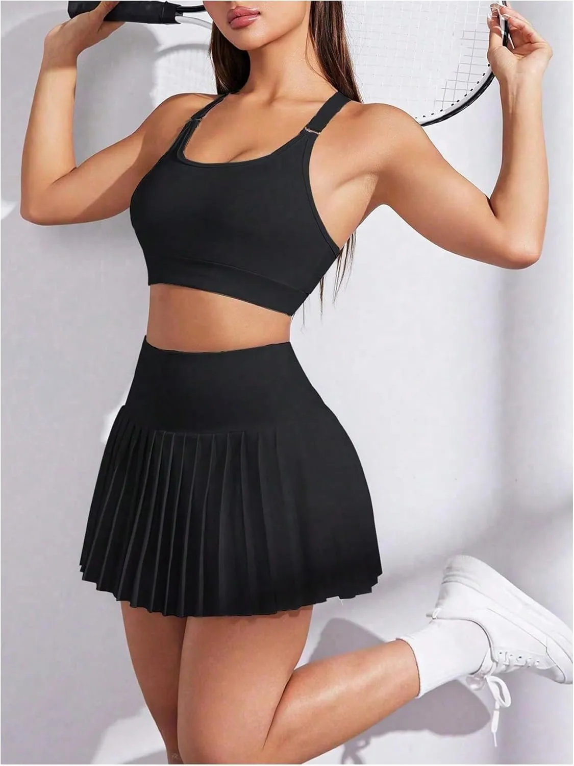 SweatyRocks Women's 2 Piece Workout Skirts Sets Crop Tank Top with Pleated Mini Skirts Tennis Tracksuits