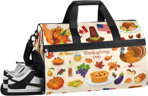 Thanksgiving Day Sports Gym Bag for Women Men Travel Duffel Bag with Wet Pocket & Shoes Compartment Waterproof Weekender Overnight Tote Carry on Bag Lightweight