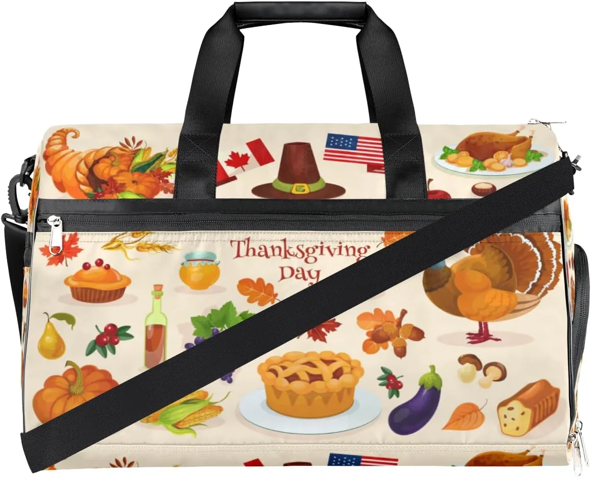 Thanksgiving Day Sports Gym Bag for Women Men Travel Duffel Bag with Wet Pocket & Shoes Compartment Waterproof Weekender Overnight Tote Carry on Bag Lightweight