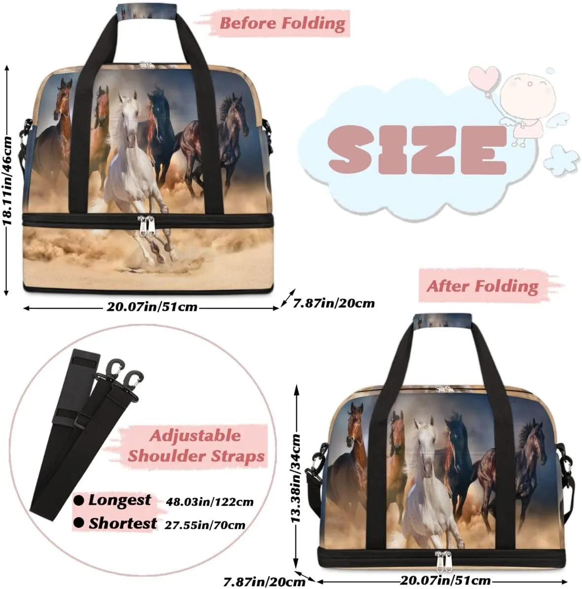 Travel Duffel Bag, Sport Gym Bag with Shoe Compartment Shoulder weekender Bag Foldable Overnight Bag for Women Men, Horse-01, One Size