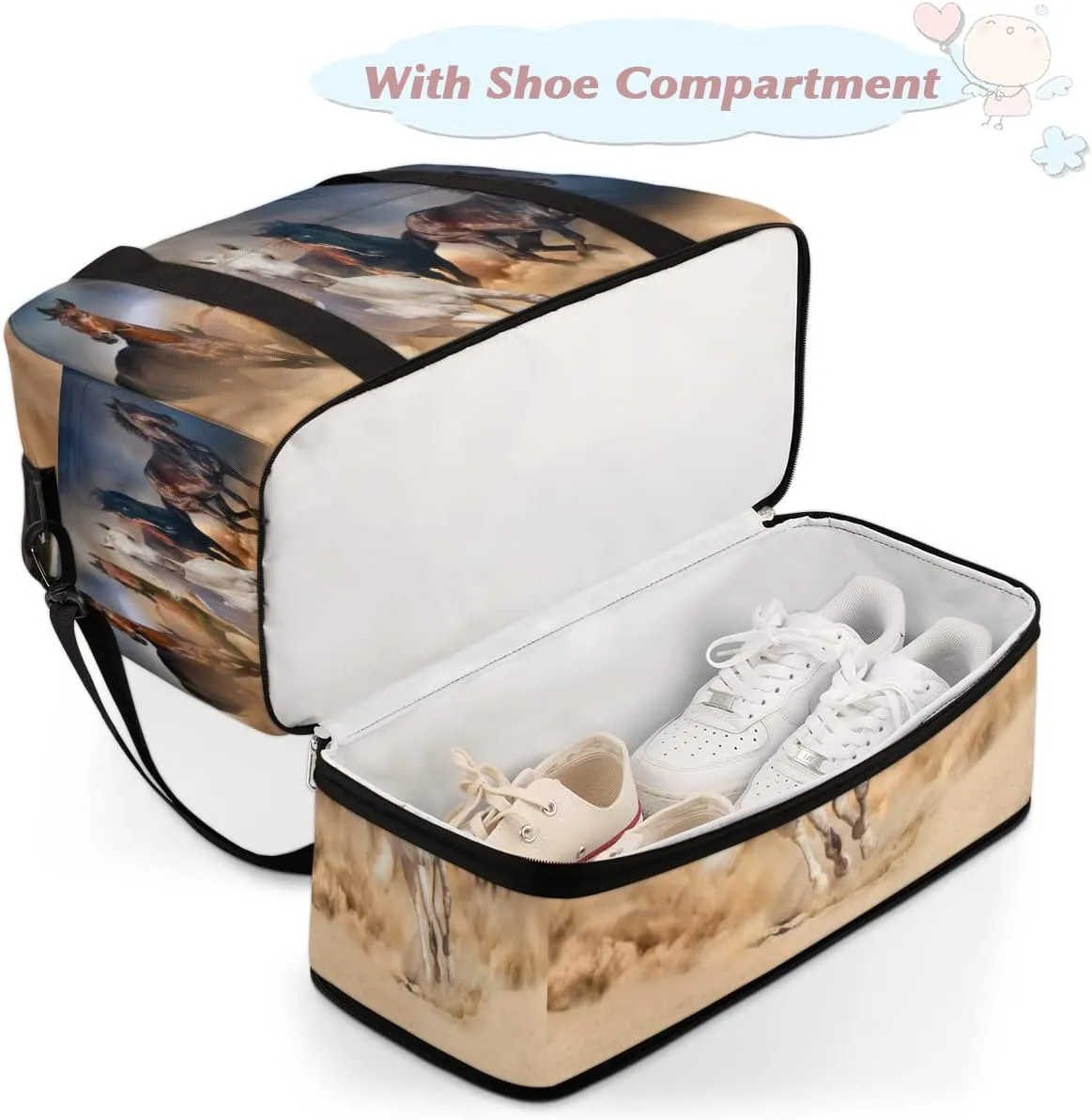 Travel Duffel Bag, Sport Gym Bag with Shoe Compartment Shoulder weekender Bag Foldable Overnight Bag for Women Men, Horse-01, One Size