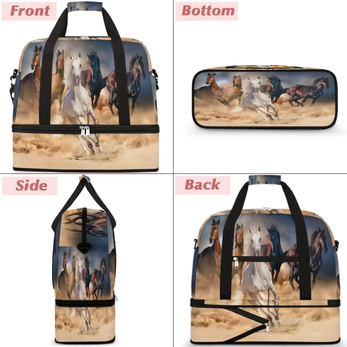 Travel Duffel Bag, Sport Gym Bag with Shoe Compartment Shoulder weekender Bag Foldable Overnight Bag for Women Men, Horse-01, One Size