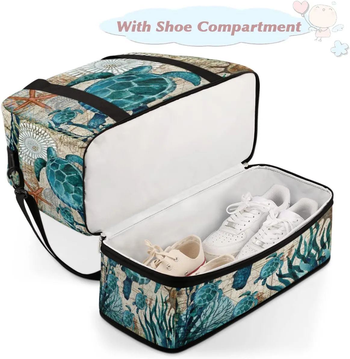 Travel Duffel Bag, Sport Gym Bag with Shoe Compartment Shoulder weekender Bag Foldable Overnight Bag for Women Men, Turtle, One Size