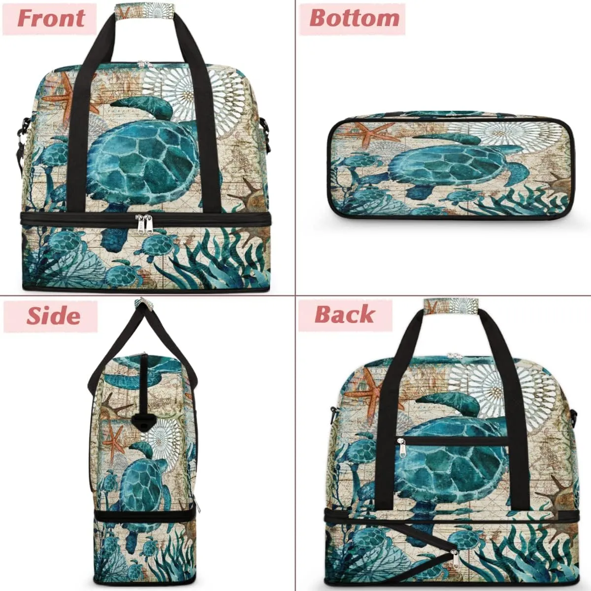 Travel Duffel Bag, Sport Gym Bag with Shoe Compartment Shoulder weekender Bag Foldable Overnight Bag for Women Men, Turtle, One Size