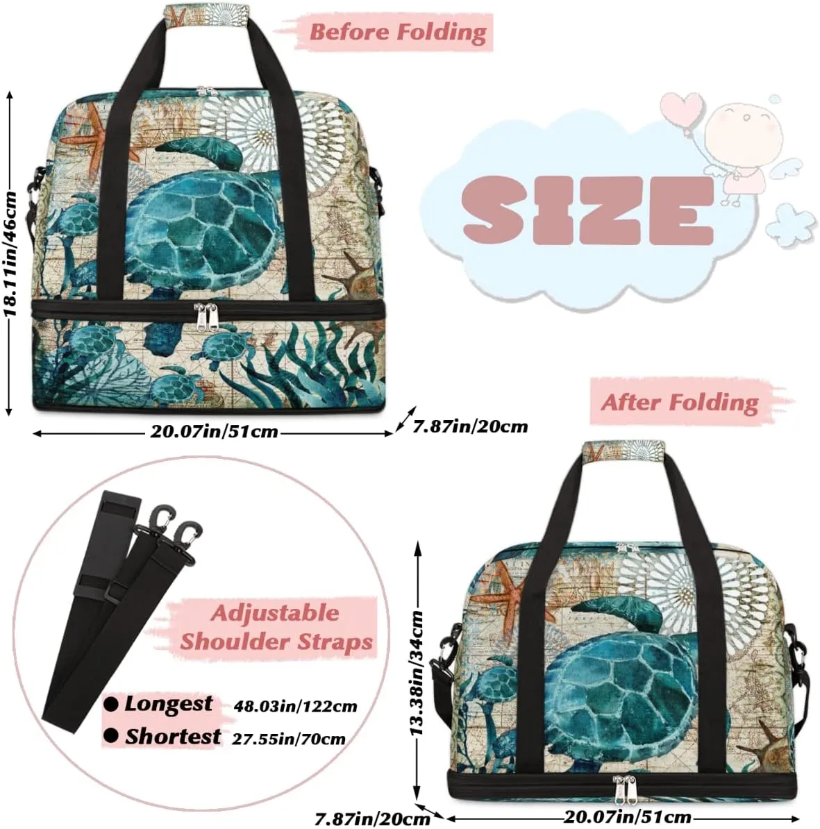 Travel Duffel Bag, Sport Gym Bag with Shoe Compartment Shoulder weekender Bag Foldable Overnight Bag for Women Men, Turtle, One Size