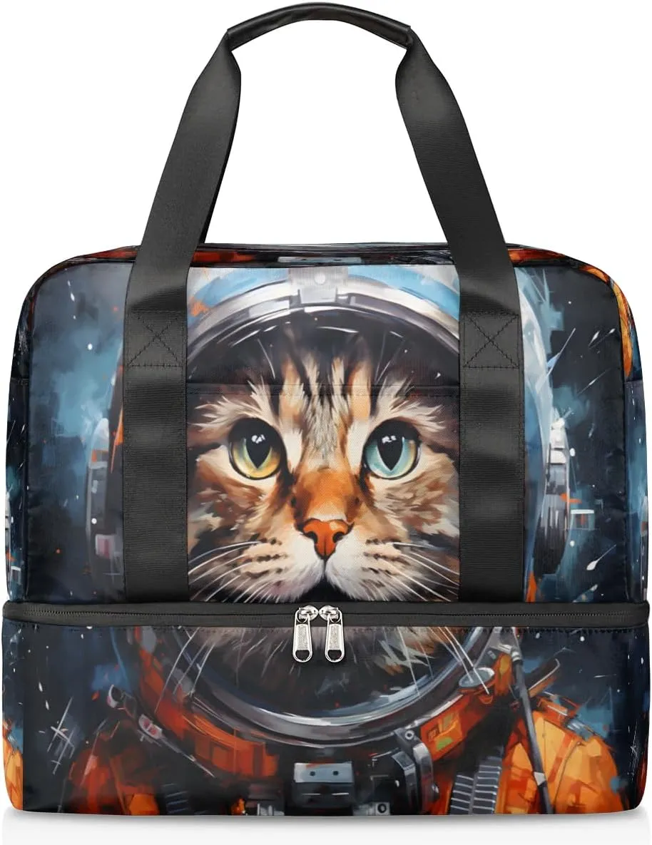 Travel Duffel Bags Astronaut Cat Sports Gym Bag with Wet Pocket & Shoes Compartment Large Duffel Bags Waterproof Overnight Bag Weekender Bags for Women Men