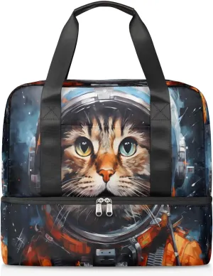 Travel Duffel Bags Astronaut Cat Sports Gym Bag with Wet Pocket & Shoes Compartment Large Duffel Bags Waterproof Overnight Bag Weekender Bags for Women Men