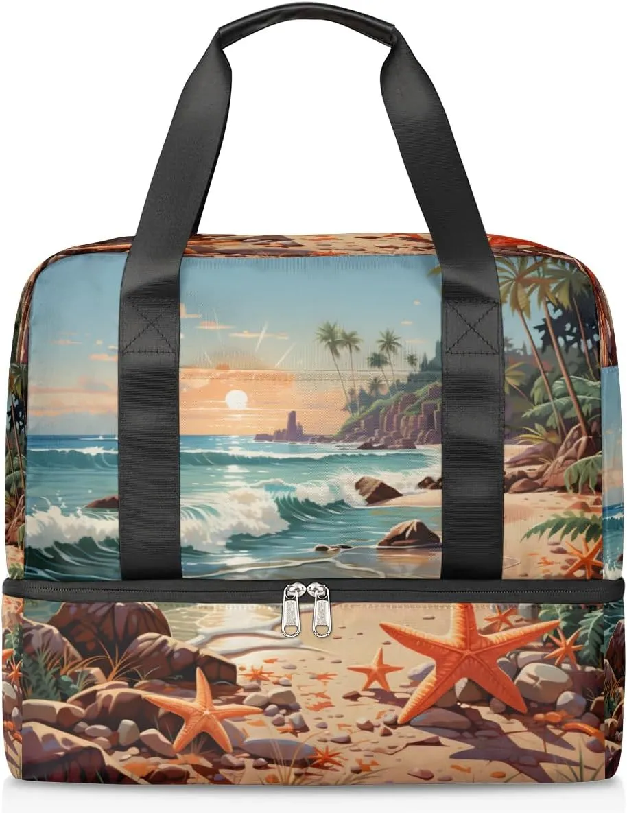 Travel Duffel Bags Beach Starfish Sports Gym Bag with Wet Pocket & Shoes Compartment Large Duffel Bags Waterproof Overnight Bag Weekender Bags for Women Men