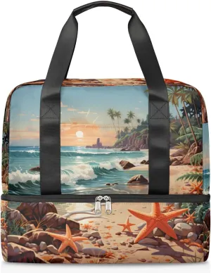Travel Duffel Bags Beach Starfish Sports Gym Bag with Wet Pocket & Shoes Compartment Large Duffel Bags Waterproof Overnight Bag Weekender Bags for Women Men