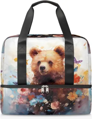 Travel Duffel Bags Bear Butterfly Sports Gym Bag with Wet Pocket & Shoes Compartment Large Duffel Bags Waterproof Overnight Bag Weekender Bags for Women Men