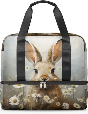 Travel Duffel Bags Bunny Daisy Sports Gym Bag with Wet Pocket & Shoes Compartment Large Duffel Bags Waterproof Overnight Bag Weekender Bags for Women Men