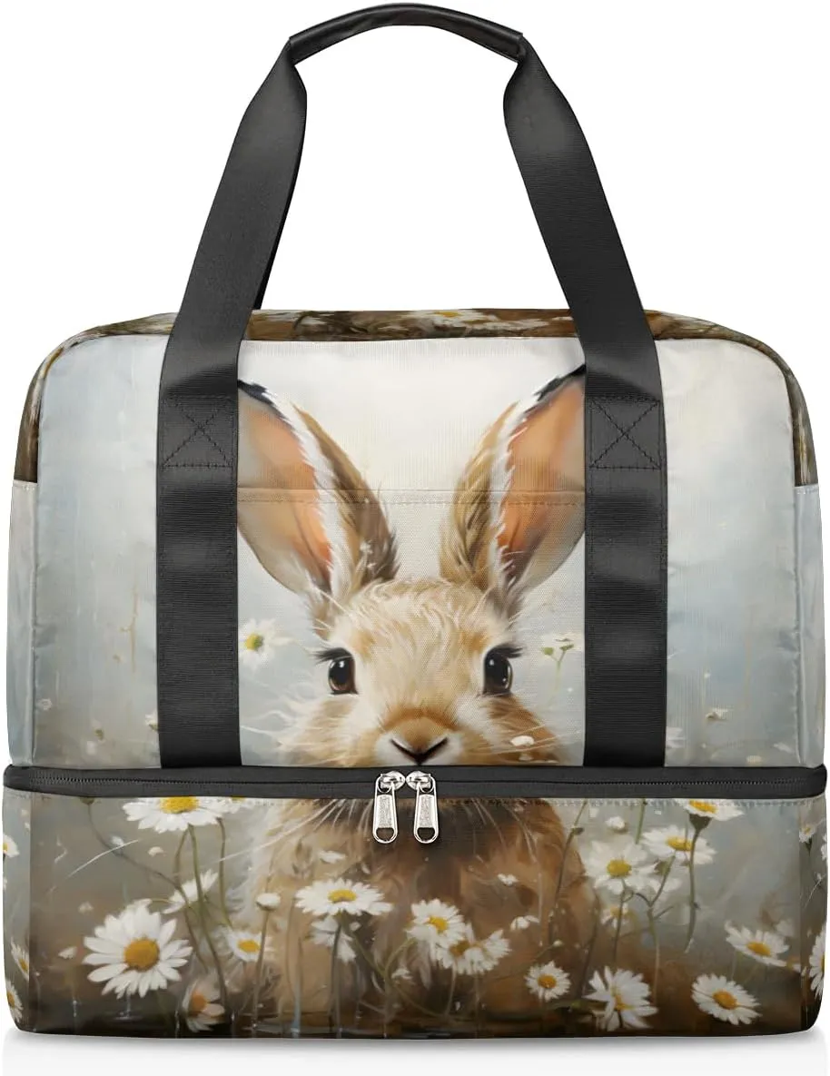 Travel Duffel Bags Bunny Daisy Sports Gym Bag with Wet Pocket & Shoes Compartment Large Duffel Bags Waterproof Overnight Bag Weekender Bags for Women Men