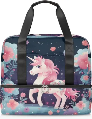 Travel Duffel Bags Cute Unicorn Sports Gym Bag with Wet Pocket & Shoes Compartment Large Duffel Bags Waterproof Overnight Bag Weekender Bags for Women Men
