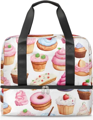 Travel Duffel Bags Donut Cupcake Sports Gym Bag with Wet Pocket & Shoes Compartment Large Duffel Bags Waterproof Overnight Bag Weekender Bags for Women Men