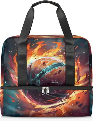 Travel Duffel Bags Fire Basketball Sports Gym Bag with Wet Pocket & Shoes Compartment Large Duffel Bags Waterproof Overnight Bag Weekender Bags for Women Men