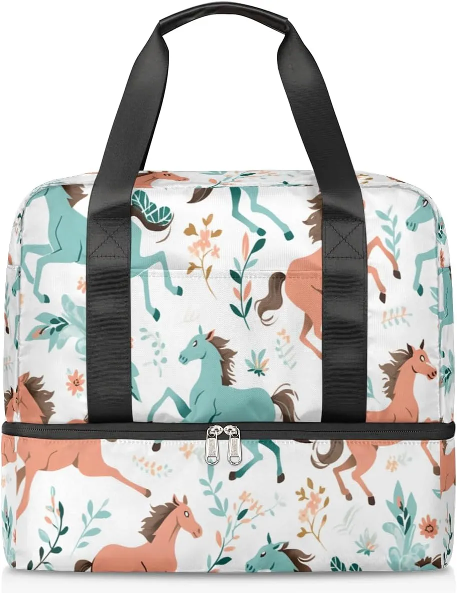 Travel Duffel Bags Flower Horse Sports Gym Bag with Wet Pocket & Shoes Compartment Large Duffel Bags Waterproof Overnight Bag Weekender Bags for Women Men