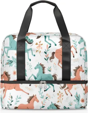 Travel Duffel Bags Flower Horse Sports Gym Bag with Wet Pocket & Shoes Compartment Large Duffel Bags Waterproof Overnight Bag Weekender Bags for Women Men