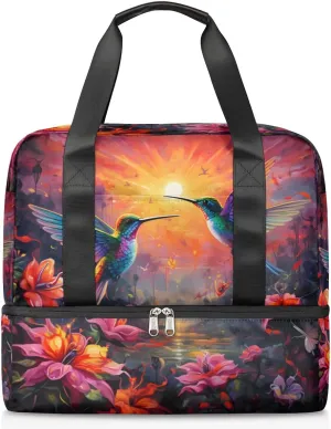 Travel Duffel Bags Flower Hummingbirds Sports Gym Bag with Wet Pocket & Shoes Compartment Large Duffel Bags Waterproof Overnight Bag Weekender Bags for Women Men