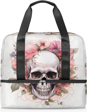 Travel Duffel Bags Flower Skull Sports Gym Bag with Wet Pocket & Shoes Compartment Large Duffel Bags Waterproof Overnight Bag Weekender Bags for Women Men