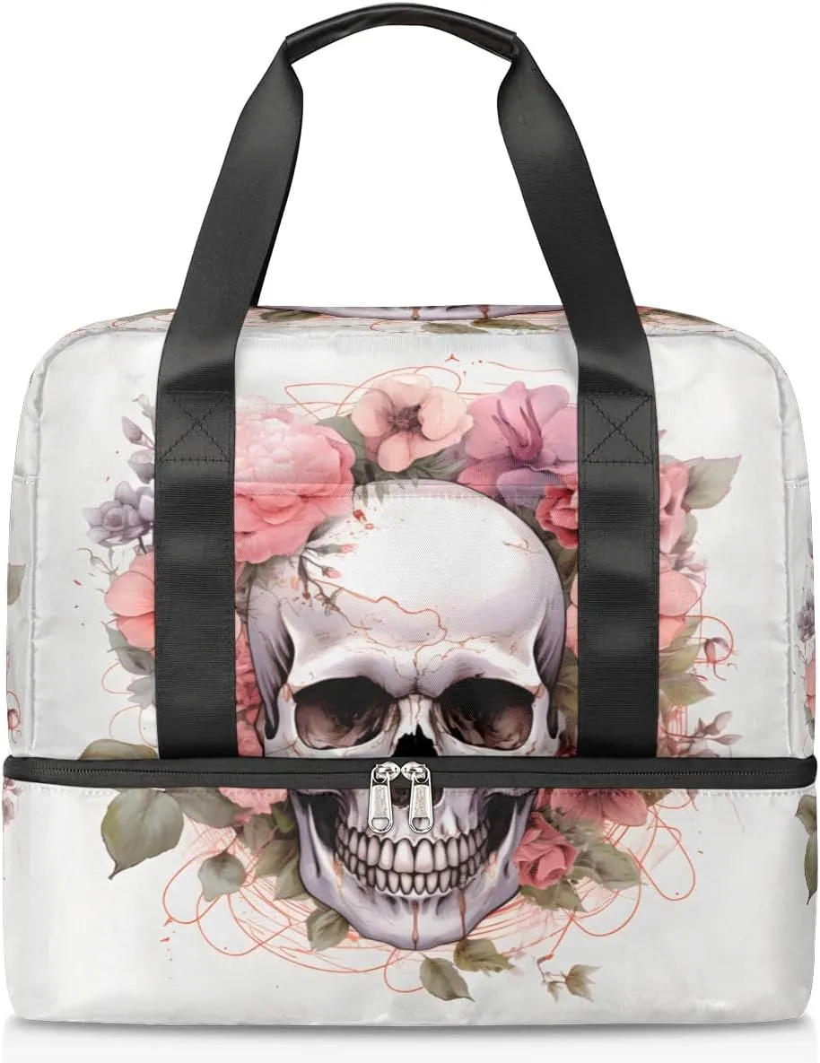 Travel Duffel Bags Flower Skull Sports Gym Bag with Wet Pocket & Shoes Compartment Large Duffel Bags Waterproof Overnight Bag Weekender Bags for Women Men