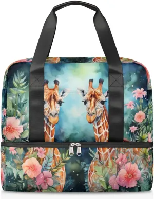 Travel Duffel Bags Giraffe Flower Sports Gym Bag with Wet Pocket & Shoes Compartment Large Duffel Bags Waterproof Overnight Bag Weekender Bags for Women Men