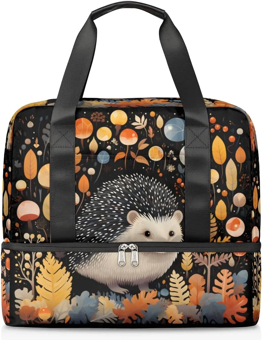 Travel Duffel Bags Hedgehog Leaves Sports Gym Bag with Wet Pocket & Shoes Compartment Large Duffel Bags Waterproof Overnight Bag Weekender Bags for Women Men