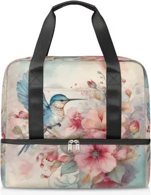 Travel Duffel Bags Hummingbird Floral Sports Gym Bag with Wet Pocket & Shoes Compartment Large Duffel Bags Waterproof Overnight Bag Weekender Bags for Women Men