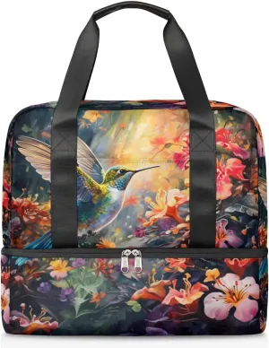 Travel Duffel Bags Hummingbird Flower Sports Gym Bag with Wet Pocket & Shoes Compartment Large Duffel Bags Waterproof Overnight Bag Weekender Bags for Women Men