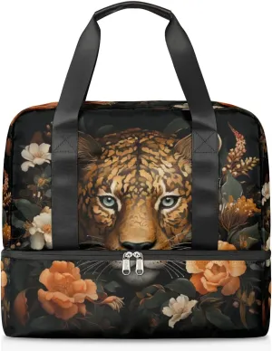 Travel Duffel Bags Leopard Floral Sports Gym Bag with Wet Pocket & Shoes Compartment Large Duffel Bags Waterproof Overnight Bag Weekender Bags for Women Men