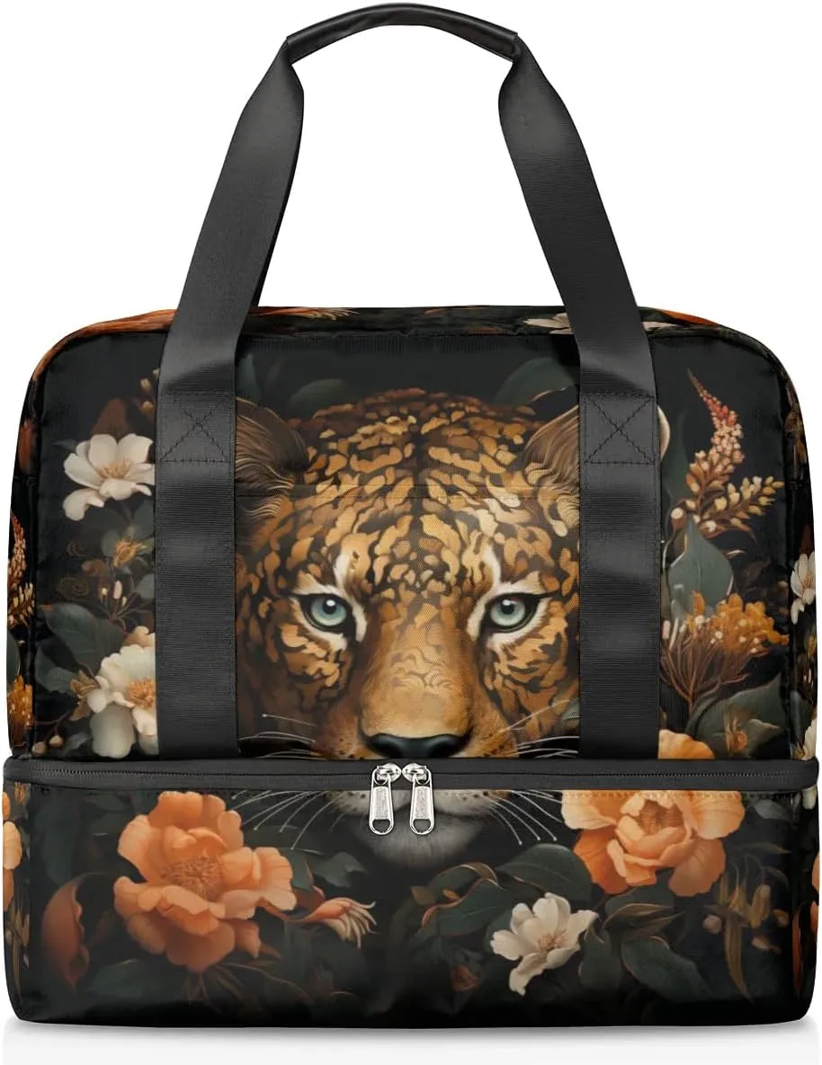 Travel Duffel Bags Leopard Floral Sports Gym Bag with Wet Pocket & Shoes Compartment Large Duffel Bags Waterproof Overnight Bag Weekender Bags for Women Men