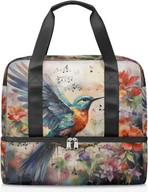 Travel Duffel Bags Music Hummingbird Sports Gym Bag with Wet Pocket & Shoes Compartment Large Duffel Bags Waterproof Overnight Bag Weekender Bags for Women Men