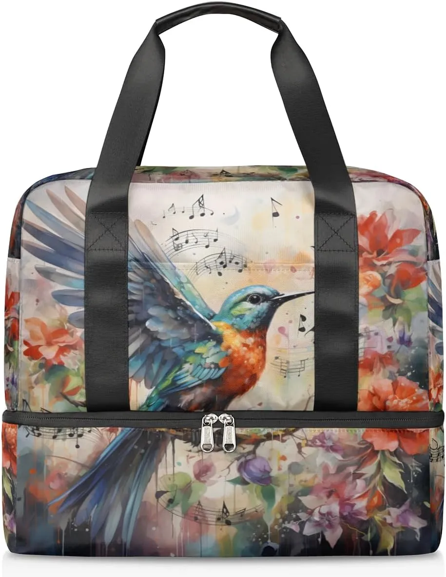 Travel Duffel Bags Music Hummingbird Sports Gym Bag with Wet Pocket & Shoes Compartment Large Duffel Bags Waterproof Overnight Bag Weekender Bags for Women Men