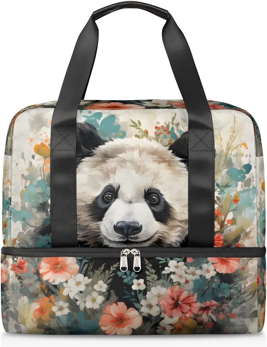 Travel Duffel Bags Panda Flower Sports Gym Bag with Wet Pocket & Shoes Compartment Large Duffel Bags Waterproof Overnight Bag Weekender Bags for Women Men