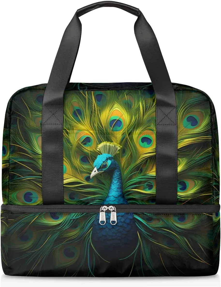 Travel Duffel Bags Peacock Feather Sports Gym Bag with Wet Pocket & Shoes Compartment Large Duffel Bags Waterproof Overnight Bag Weekender Bags for Women Men
