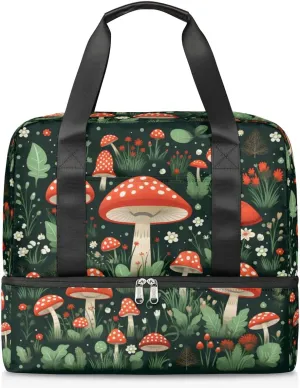 Travel Duffel Bags Red Mushroom Sports Gym Bag with Wet Pocket & Shoes Compartment Large Duffel Bags Waterproof Overnight Bag Weekender Bags for Women Men