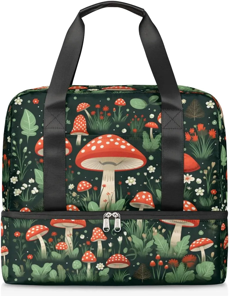 Travel Duffel Bags Red Mushroom Sports Gym Bag with Wet Pocket & Shoes Compartment Large Duffel Bags Waterproof Overnight Bag Weekender Bags for Women Men