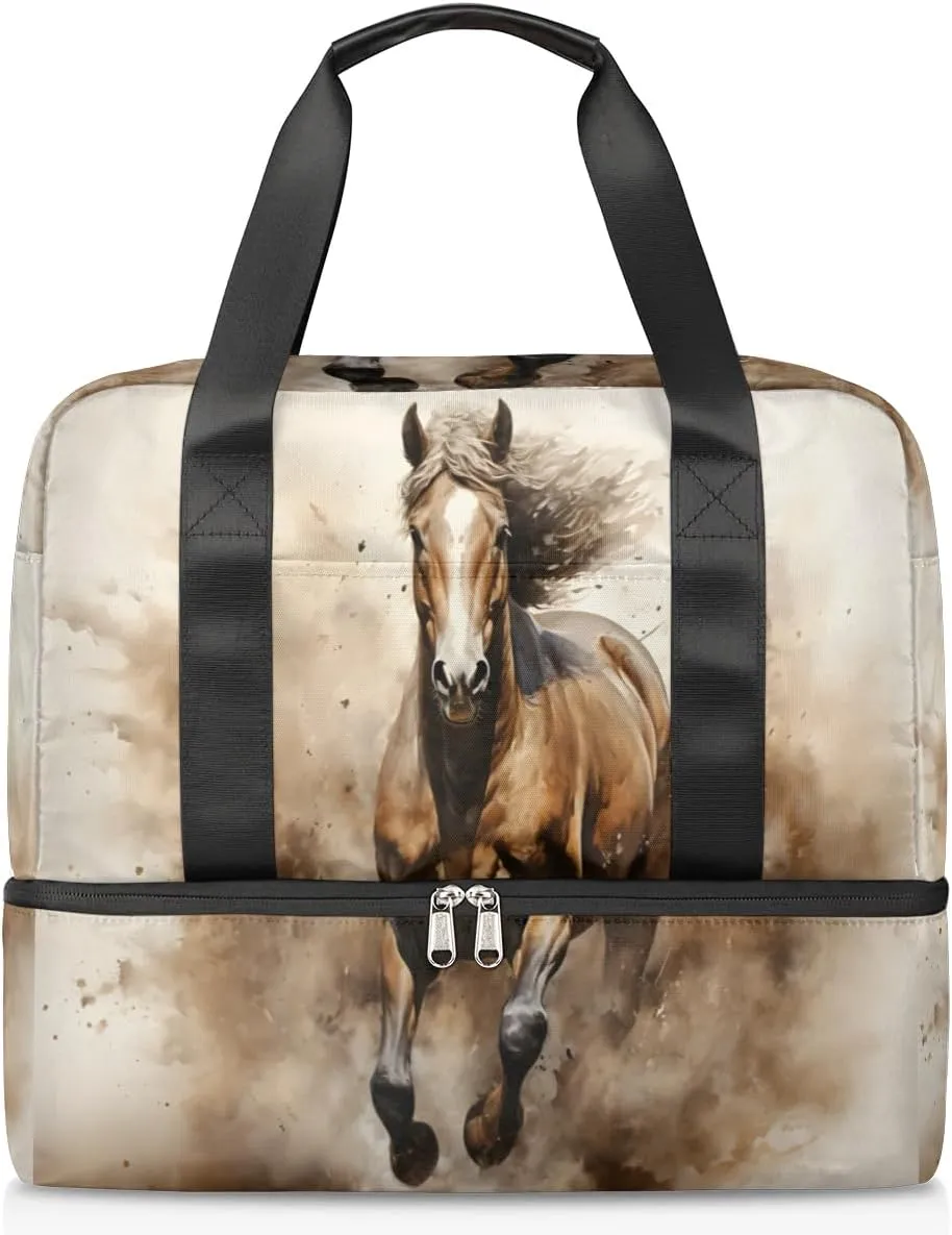 Travel Duffel Bags Running Horse Sports Gym Bag with Wet Pocket & Shoes Compartment Large Duffel Bags Waterproof Overnight Bag Weekender Bags for Women Men
