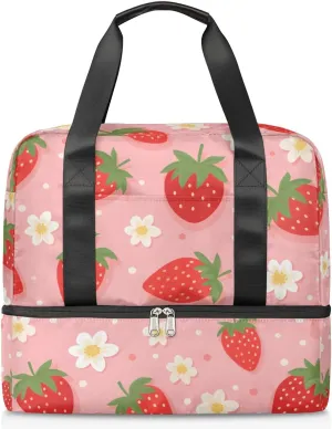 Travel Duffel Bags Strawberry Flower Sports Gym Bag with Wet Pocket & Shoes Compartment Large Duffel Bags Waterproof Overnight Bag Weekender Bags for Women Men