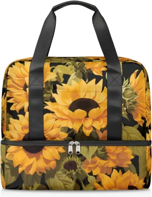 Travel Duffel Bags Sunflower Floral Sports Gym Bag with Wet Pocket & Shoes Compartment Large Duffel Bags Waterproof Overnight Bag Weekender Bags for Women Men