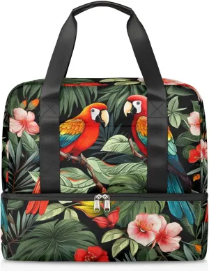 Travel Duffel Bags Tropical Parrot Sports Gym Bag with Wet Pocket & Shoes Compartment Large Duffel Bags Waterproof Overnight Bag Weekender Bags for Women Men